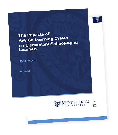 Academic report from Johns Hopkins University evaluating KiwiCo project-based STEM curriculum kits used in elementary classrooms, after-school programs, and group learning environments.