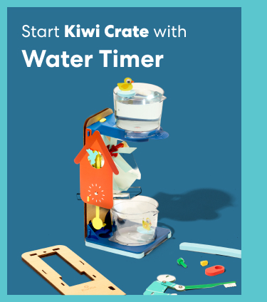 Start Kiwi Crate with Water Timer: Construct a working water wheel that spins as gravity pulls water through a spout, then watch the energy transfer to a cuckoo bird automaton.