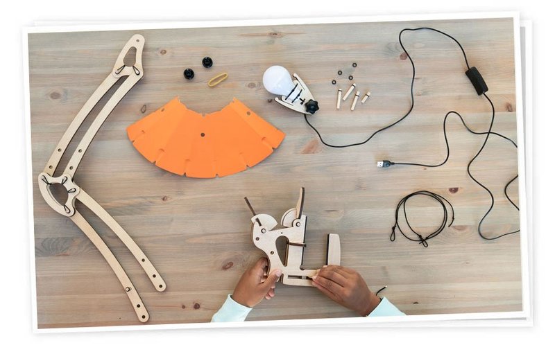 DIY desk lamp being assembled, from Eureka Crate monthly STEM kit for adults