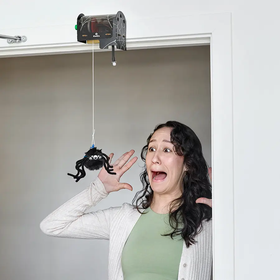 person being scared by spider dropped from top of doorway 