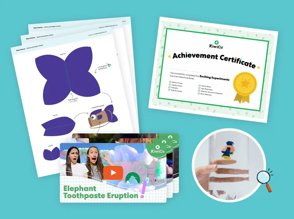 Worksheets, screenshots of videos, certificate, and other projects from KiwiCo's Summer Adventure Series.